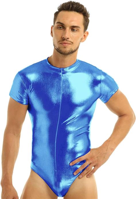 Chictry Mens One Piece Wet Look Shiny Metallic Leather Short Sleeve Leotard
