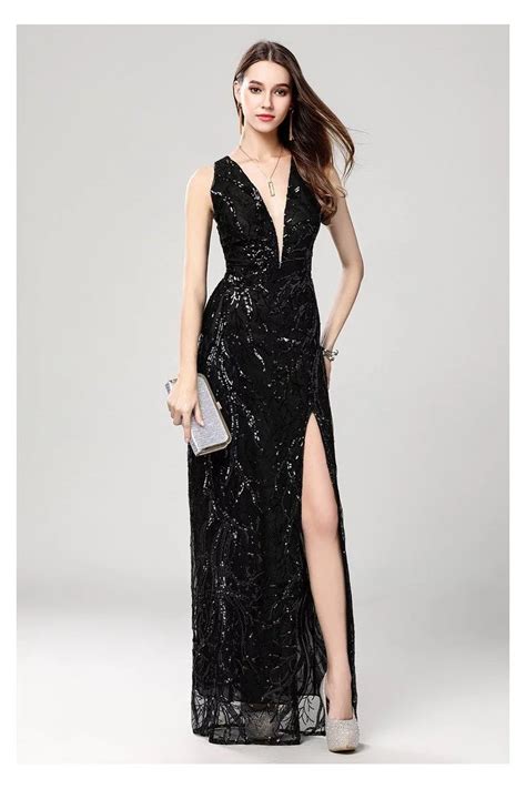 Black Double V Neck Sequin Long Evening Dress 893 Ck525