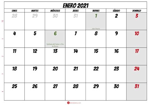 Calendario Enero 2021 España 🇪🇸 Para Imprimir