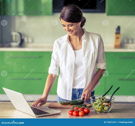 Beautiful Girl In The Kitchen Stock Image Image Of Internet