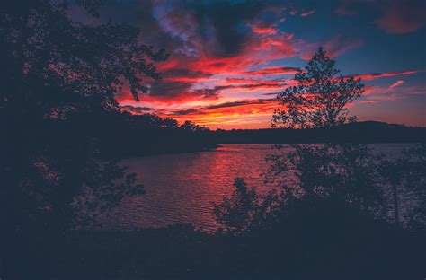 Red Evening Sunset Lake View From Forest Woods Hd Nature