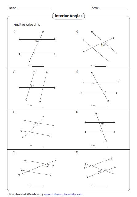 Angles Formed by a Transversal Worksheets