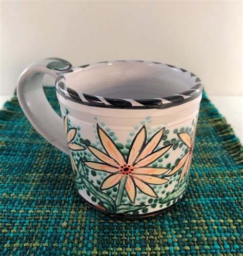 Majolica Hand Painted Floral Pottery Mug Has Yellow Daisies Holds 8