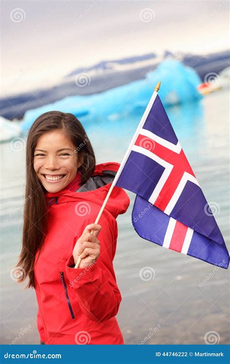 Iceland Girl Holding Icelandic Flag At Glacier Stock Photo Image Of
