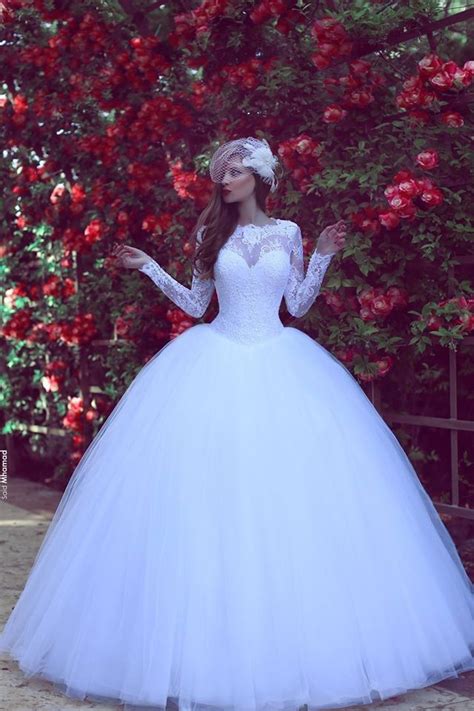 White Lace Ball Gown,Long Sleeve Prom Dress,Custom Made Evening Dress