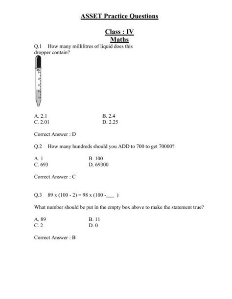 Asset Practice Questions Class Iv Maths