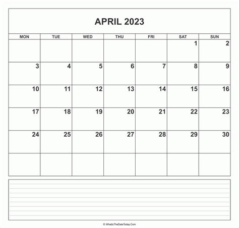 Calendar April 2023 With Notes Whatisthedatetodaycom