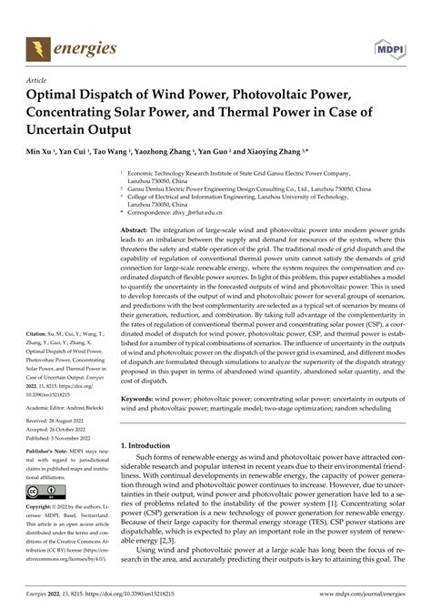 Pdf Optimal Dispatch Of Wind Power Photovoltaic Power Concentrating