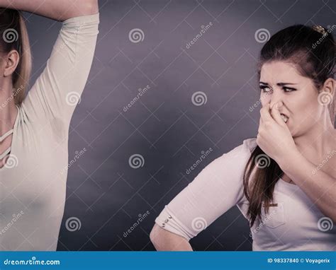 Woman Having Wet Armpit Her Friend Smelling Stink Stock Photo Image