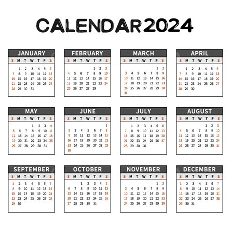 2024 Takvimi Siyah Beyaz Basit Stil Vektör 2024 Takvim Basit PNG