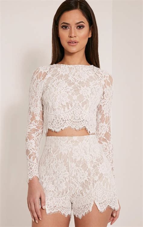 Ellena Lace Shorts In The Colour White Au White Lace Crop Top