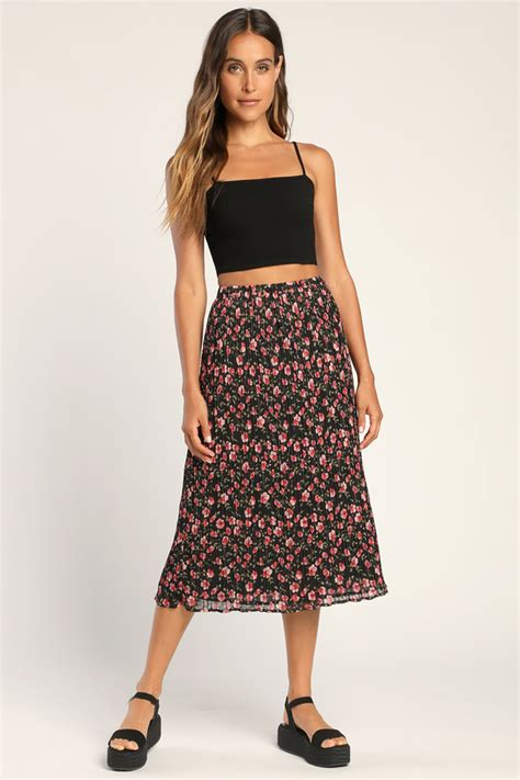 Black Floral Print Skirt A Line Midi Skirt Pleated Skirt Lulus