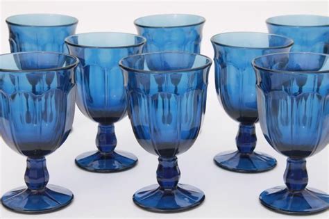 Antique Blue Colored Glass Water Goblets Wine Glasses Gibraltar Style Heavy Stemware Cobalt