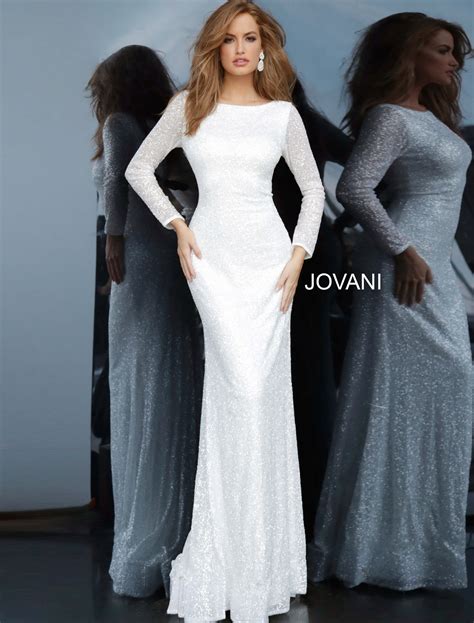 Jovani 2927 White Boat Neck Long Sleeve Dress