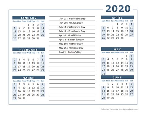 2020 Calendar Template 6 Months Per Page Free Printable Templates