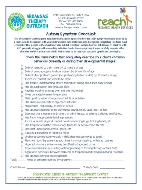 Reach Autism Symptom Checklist 1 Autism Spectrum Disorder
