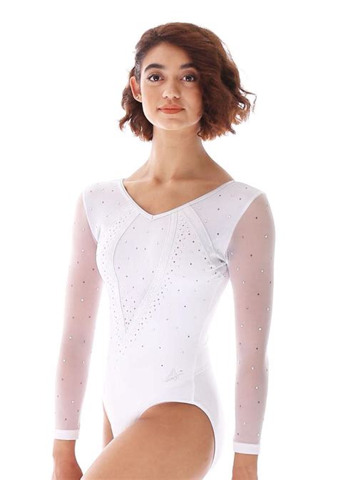 Aaliyah K486 Ladies Long Sleeved White Matt Leotard With Net And Diamante Details A Star