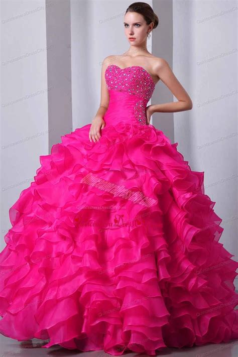 Hot Pink Ball Gowns Sweetheart Organza Beading And Ruffles Quinceanea Dress Pretty
