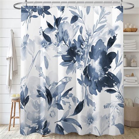 Decoreagy Blue Floral Shower Curtain Setsnavy White Lush Flower Shower Curtains For Bathroom