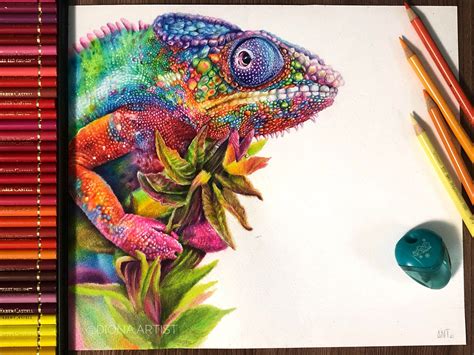 Chameleon Drawing With Colored Pencils Animal Artist Custom Etsy
