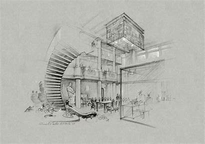 Architectural Pencil Rendering Interior Building Restaurant Sketch