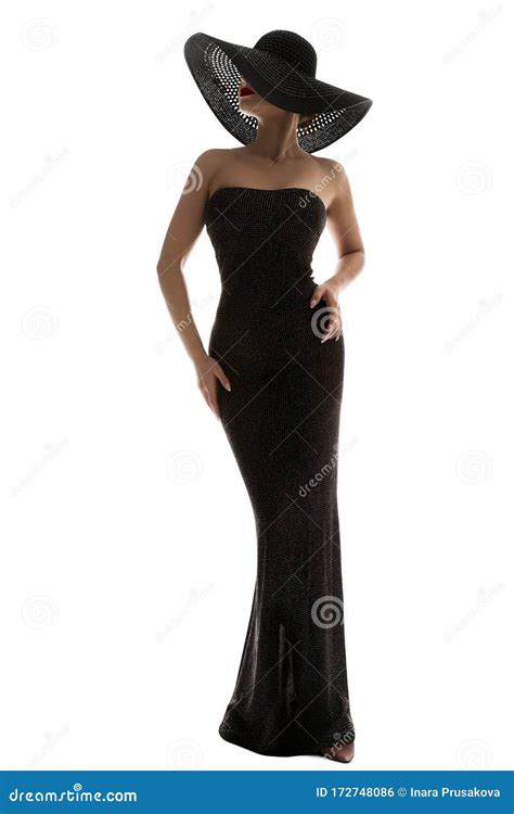 Fashion Model Long Dress Wide Brim Hat Elegant Woman In Black Gown