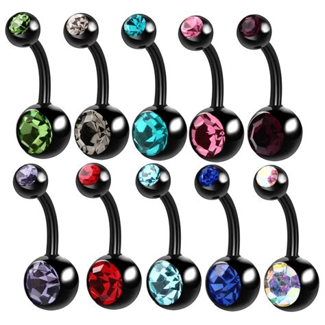 10pcs Steel Navel Bar Black Belly Button Rings Piercing Double Gem