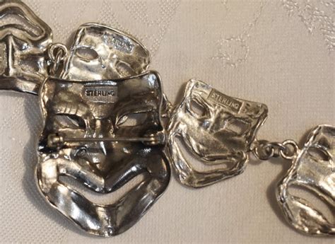 Sterling Silver Comedy And Tragedy Theatre Masks Bracelet Brooch Set