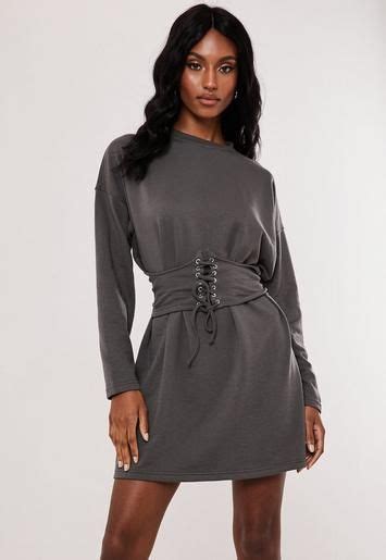 A Dark Gray Crew Neck T Shirt Dress With Removable Lace Up Corset Waist