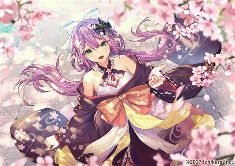 Blush Cherry Blossoms Flowers Green Eyes Japanese Clothes Long Hair Nijisanji Purple Hair Sakura