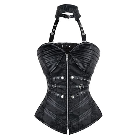 corzzet black gothic sexy steampunk corset halter zipper overbust corset top punk corsets and
