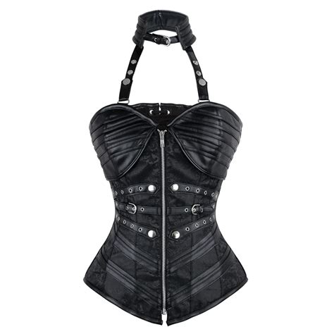 Corzzet Black Gothic Sexy Steampunk Corset Halter Zipper Overbust