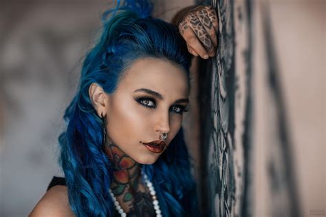 Wallpaper Face Women Model Dyed Hair Nose Rings Depth Of Field Long Hair Blue Hair