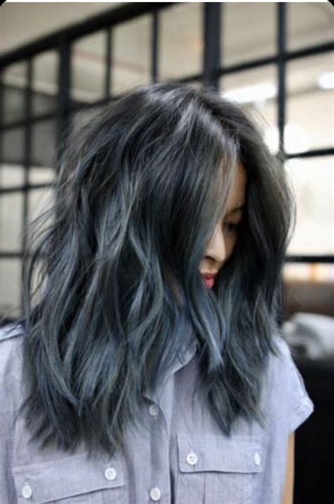Add grey and blue together to create a bold look. Cool toned blue grey black hair | Denim hair, Silver hair ...