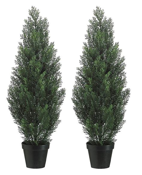 Set Of 2 Pre Potted 3 Foot Artificial Cedar Topiary Outdoor Indoor Trees