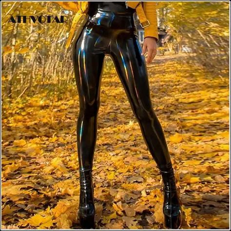 Sexy Women Open Crotch Faux Leather Leggings Black Wetlook Vinyl Shiny Skinny Leggings Low Waist