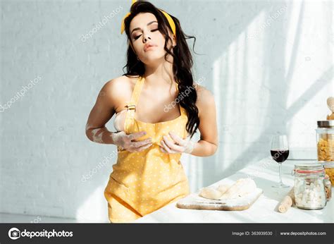 Sensual Naked Woman Apron Touching Breast Dough Chopping Board Kitchen
