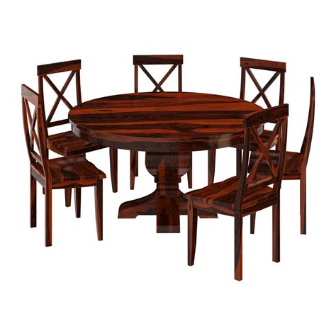 Missouri Solid Wood Round Pedestal Dining Table With 6 Chairs Set