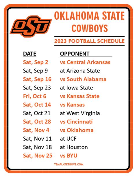 Printable 2023 Oklahoma State Cowboys Football Schedule