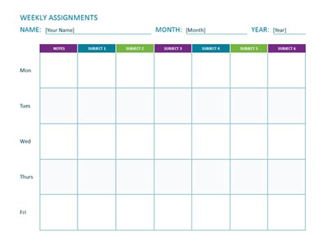 Weekly Assignment Sheet Templates