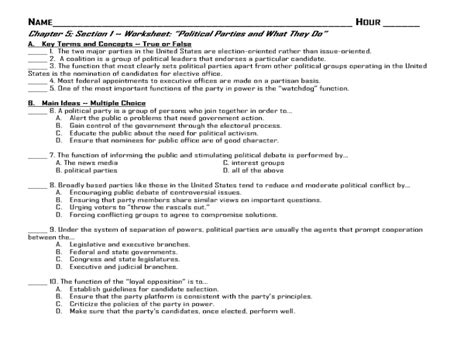 Political Parties And What They Do Worksheet For 10th 12th Grade