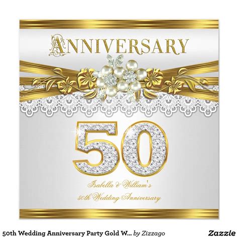 50th Wedding Anniversary Party Gold White Pearl 525x525 Square Paper