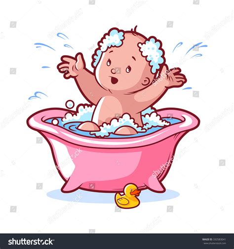 Baby Bathing In Pink Bath With Foam And Rubber Duck