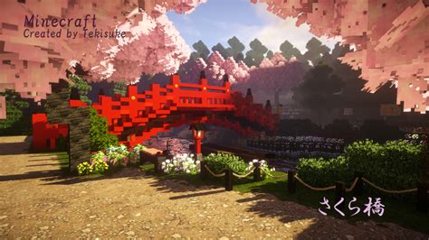 Japanese Architecture Red Bridge And Cherry Blossom Minecraft Map