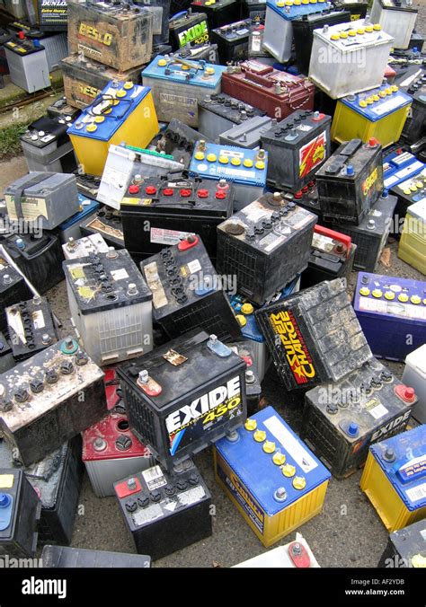 Old Car Batteries Collected At Waste Station For Recycling Stock Photo