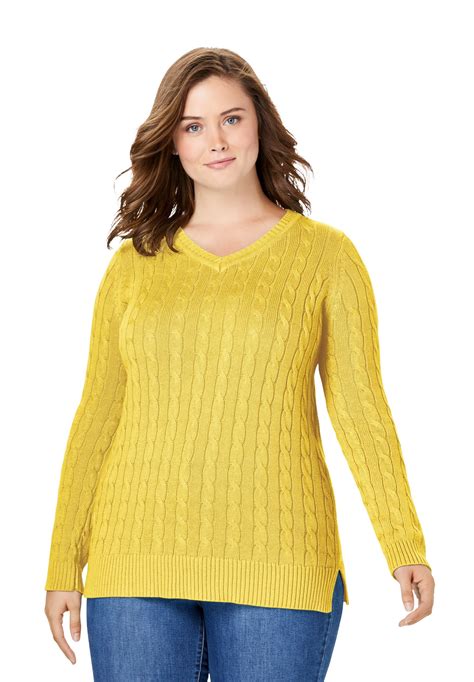 woman within woman within women s plus size cable knit v neck pullover sweater