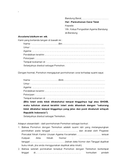 Pada bagian ini kamu harus mencantumkan nama surat tersebut, seperti surat pernyataan cerai. Contoh Surat Gugatan Cerai Istri Kepada Suami Agama Islam ...