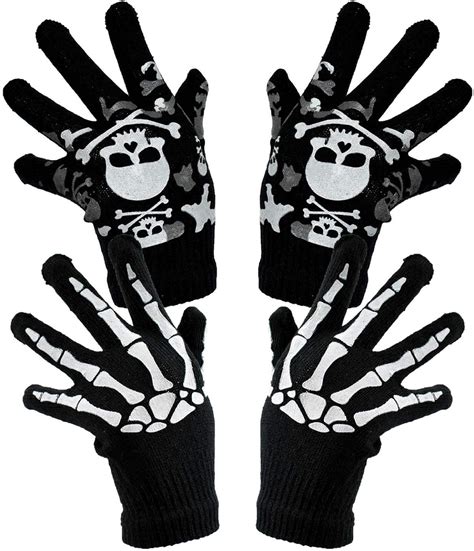 2 Pairs Skeleton Skull Full Finger Gloves Teens Fancy Costume Gloves