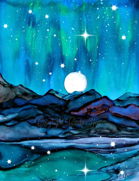 Mountain Landscape Full Moon Northern Lights Art Print Etsy