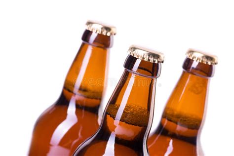 Three Bottles Of Ice Cold Beer Isolated On White Stock Image Image Of